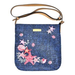 Vera Bradley Beach Straw Crossbody Bag with Embroidered Starfish Shells Sea Life
